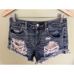 American Eagle Blue Denim Cut Off Distressed Jean Shorts Size 6